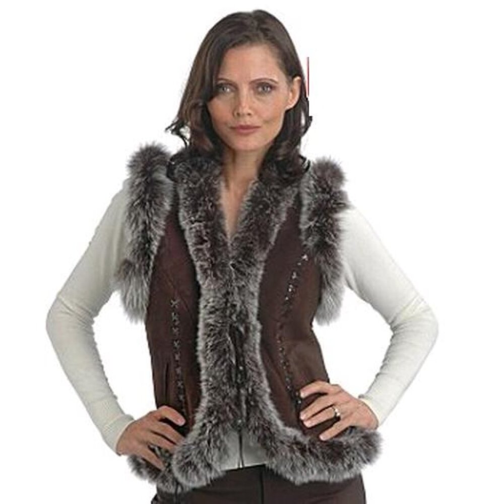 Damselle Fox Fur Trim Shearling Vest (Size M)